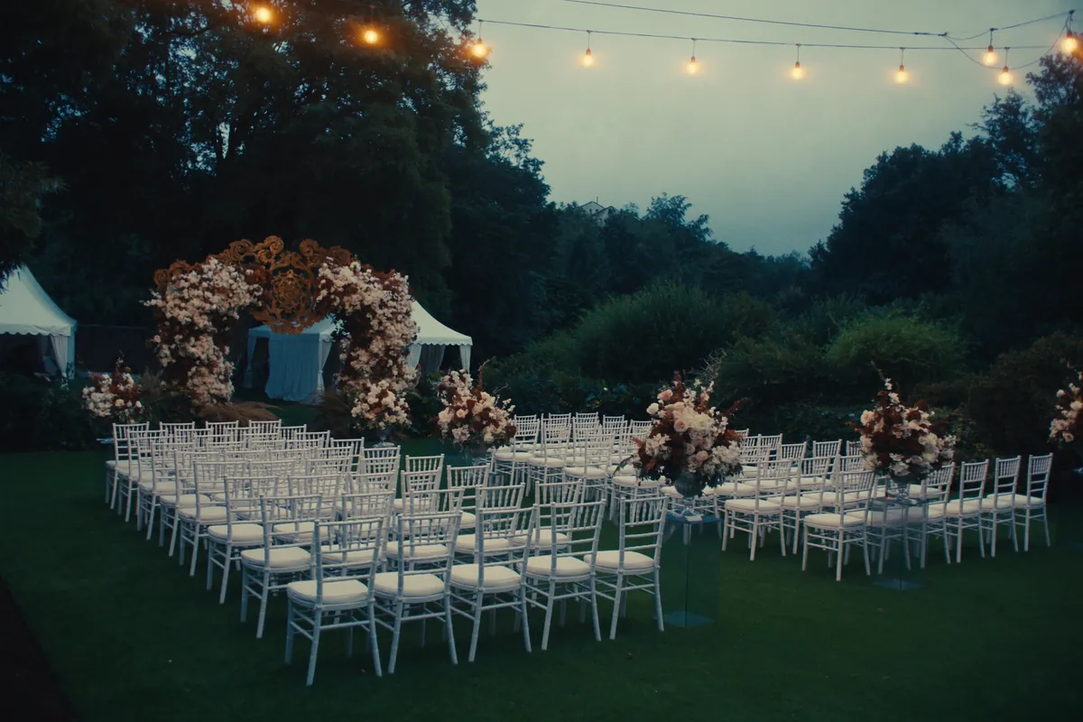 Jardín de Villa Aurelia preparado para una ceremonia, con arco floral, sillas blancas y luces cálidas