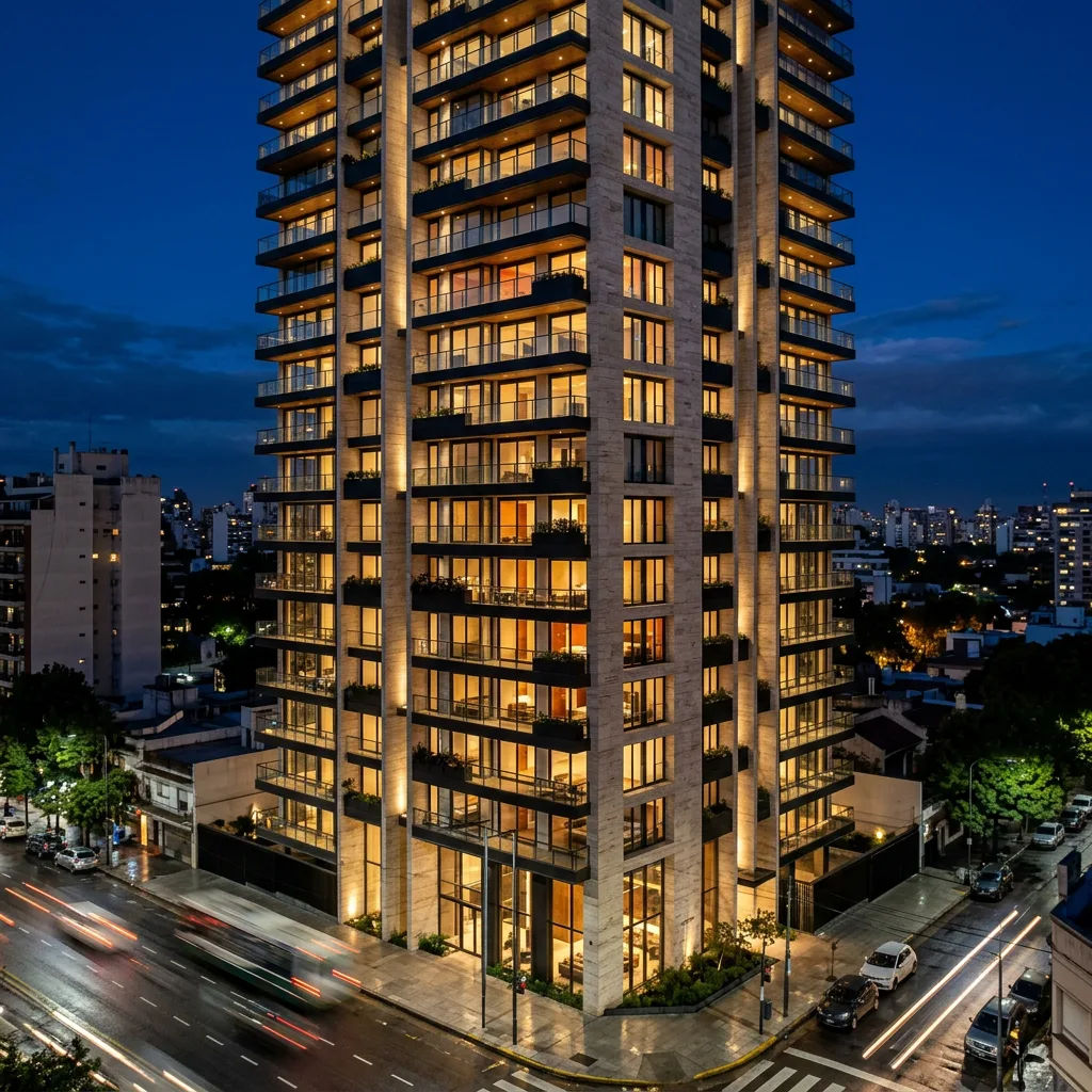Fachada nocturna de un edificio VORA